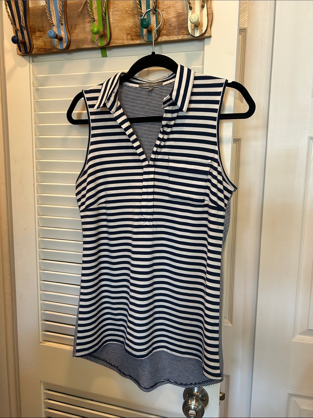 Striped Navy and White Sleeveless Polo Tank Top